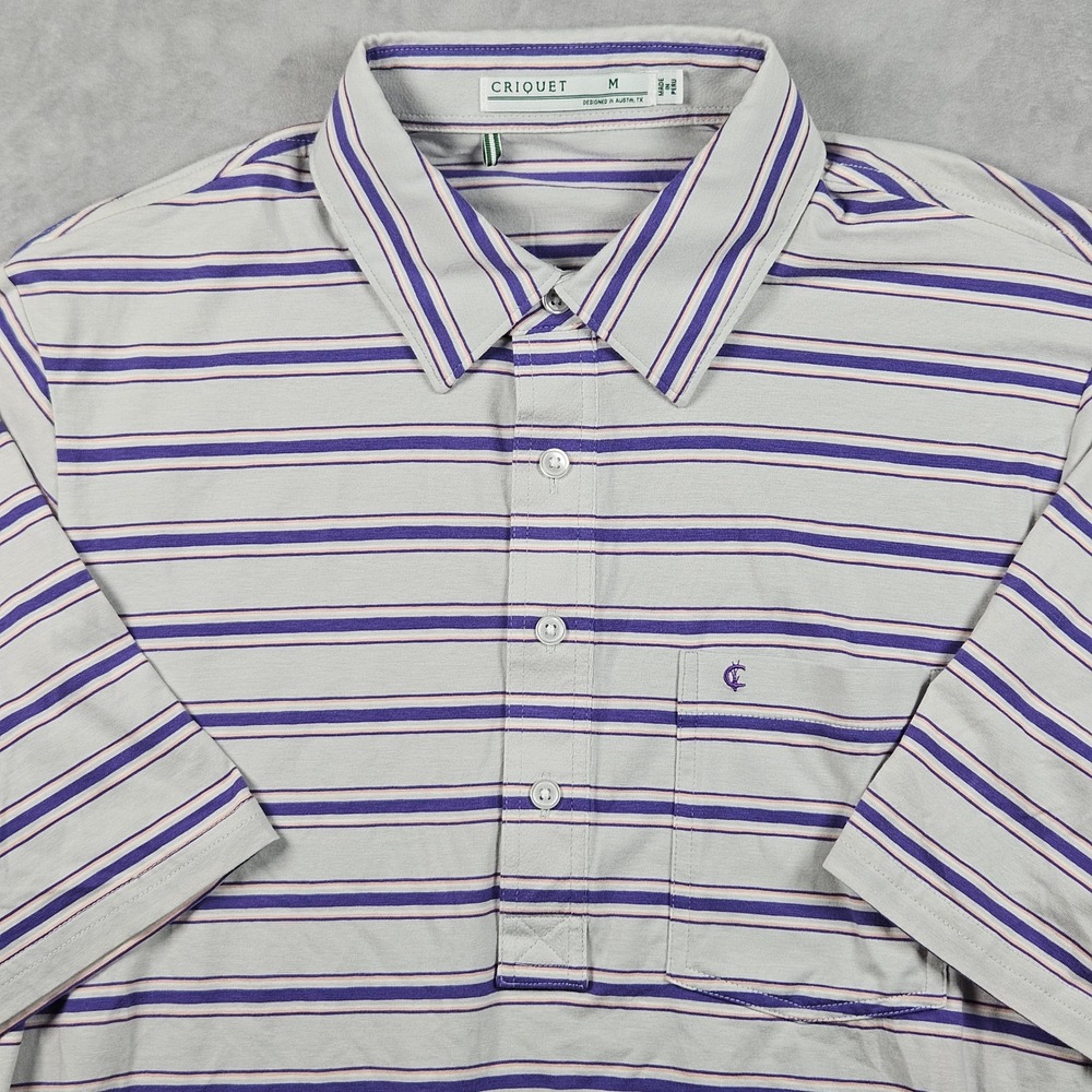 Criquet Polo Shirt Mens Medium Purple White Striped Pima Cotton Stretch Golf